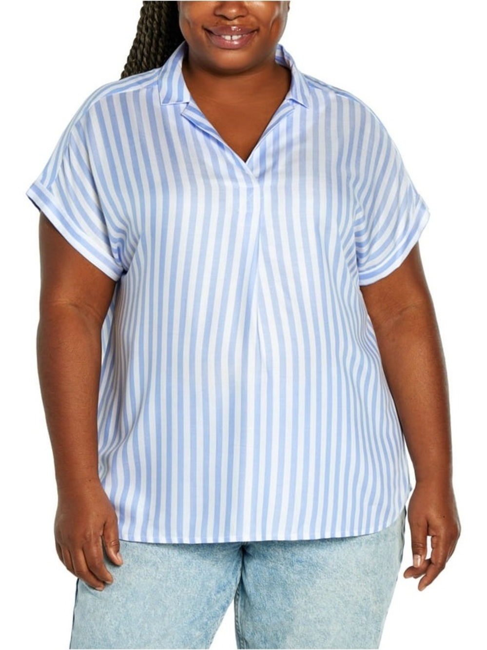 GAP Women's Short Sleeve Popover Blouse in Light Blue Stripe XXL